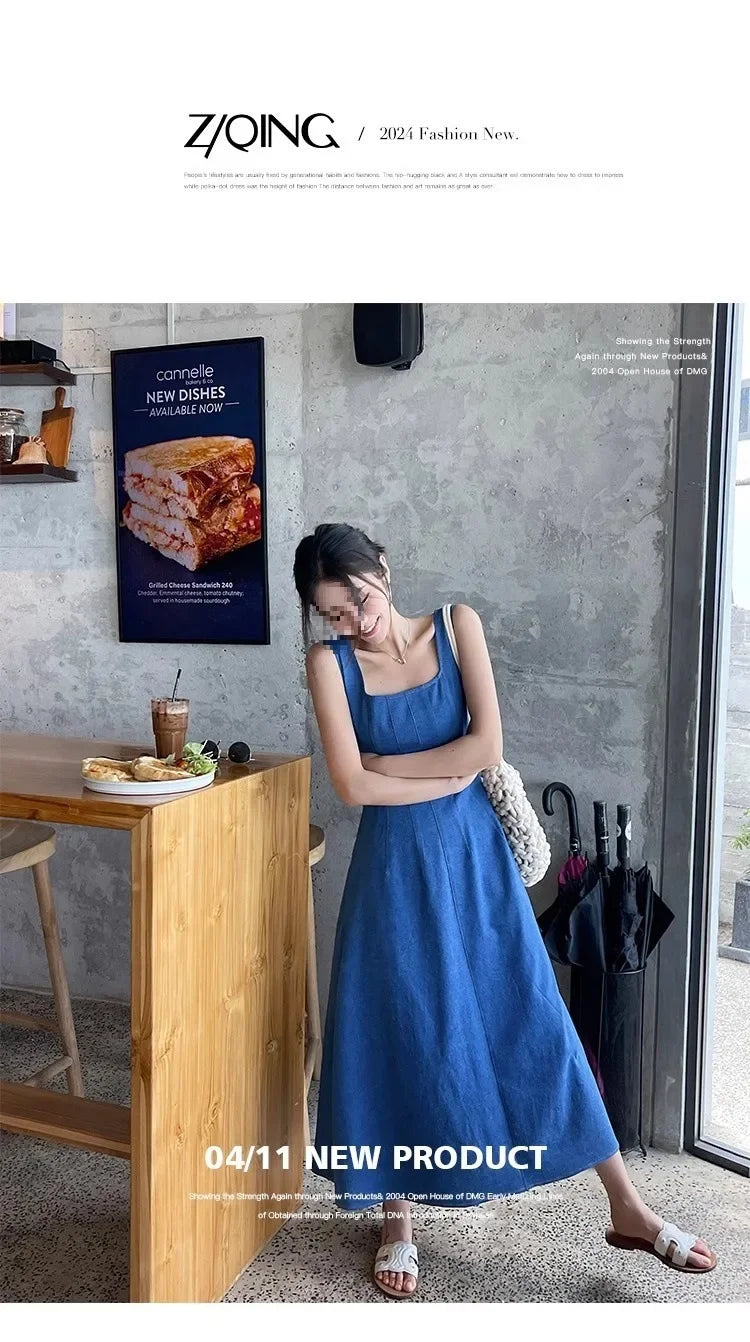 Blue Mist Love Französisches Jeanskleid für Damen, Sommer, einzigartiges Design, Taille, Cinching-Riemen, langes Kleid, elegante blaue Polyesterfaser.