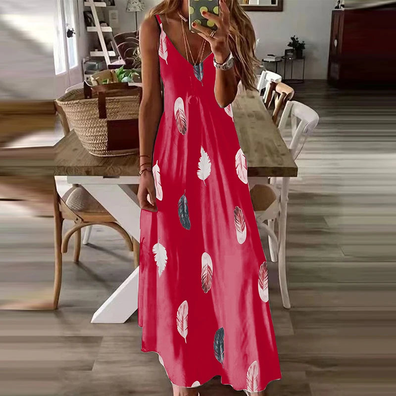 8-farbiges, ganzjähriges, schickes Maxikleid mit Federdruck, lässig, V-Ausschnitt, bequem, dehnbar, pflegeleicht.