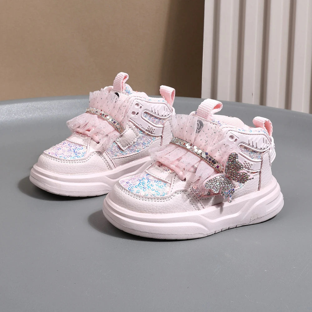 2025 New Autumn Children Shoes Leather Toddler Kids Sport Shoes Bling Bling Cute Butterfly Soft Sole Fashion Girls Sneakers.