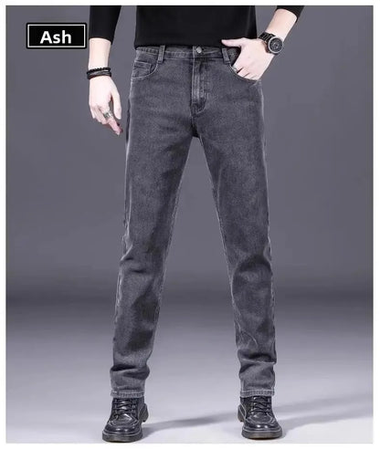 High-End Men's Fleece-Lined Thick Stretchy Straight Leg Jeans 2025 New Style Loose Fit Smoke Grey Trousers for Men.