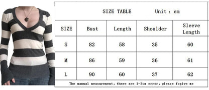 Y2K Grunge Emo 00s Vintage T Shirt Black Grey Striped V Neck Long Sleeve Jumper Tops Chic Women Autumn Retro Mall Goth Tees.