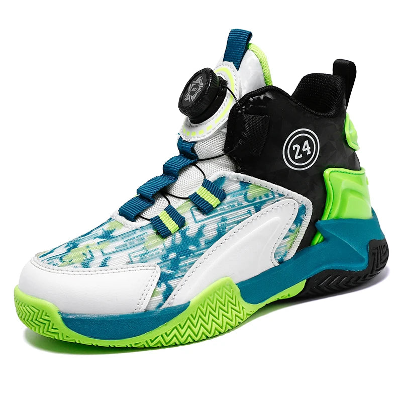 Children's Autumn New Rotary Buckle Mesh Breathable Basketball Shoes Boys Fashion Trend Sneaker Anti Slip Running Footwear 31-40