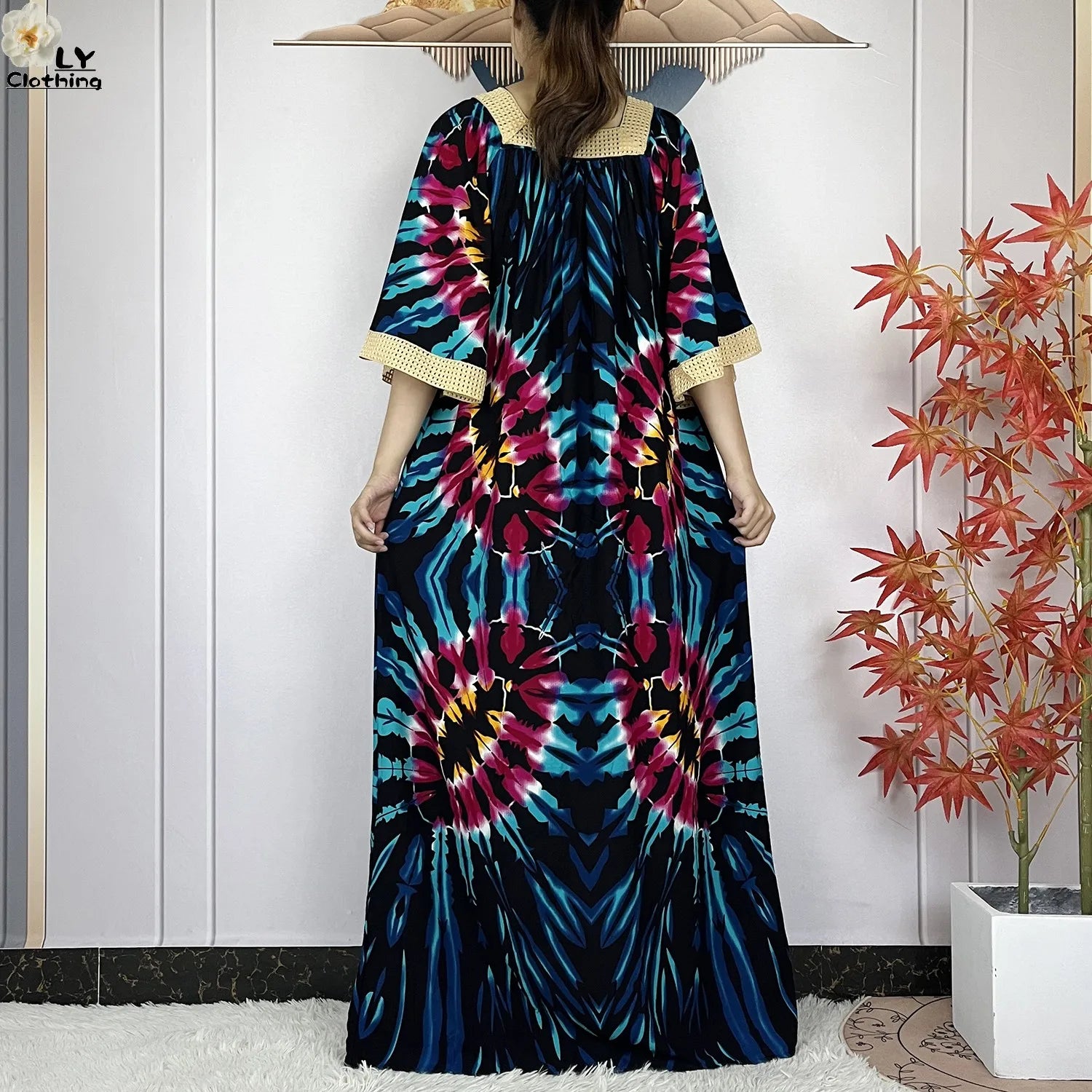 New Muslim Dress Woman Short Sleeve Dashiki African Abaya Tie-dyed Printing Cotton Loose Femme Robe Islamic Dresses With Scarf.