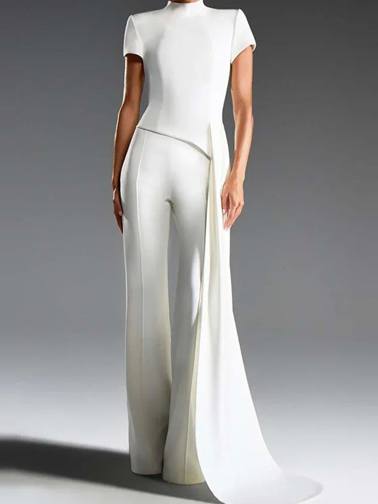 Women Elegant Commuting 2Pc Suit Fashion Stand Collar Solid Color Irregular Set Casual Short Sleeve Pullover & Long Pant Outfits.