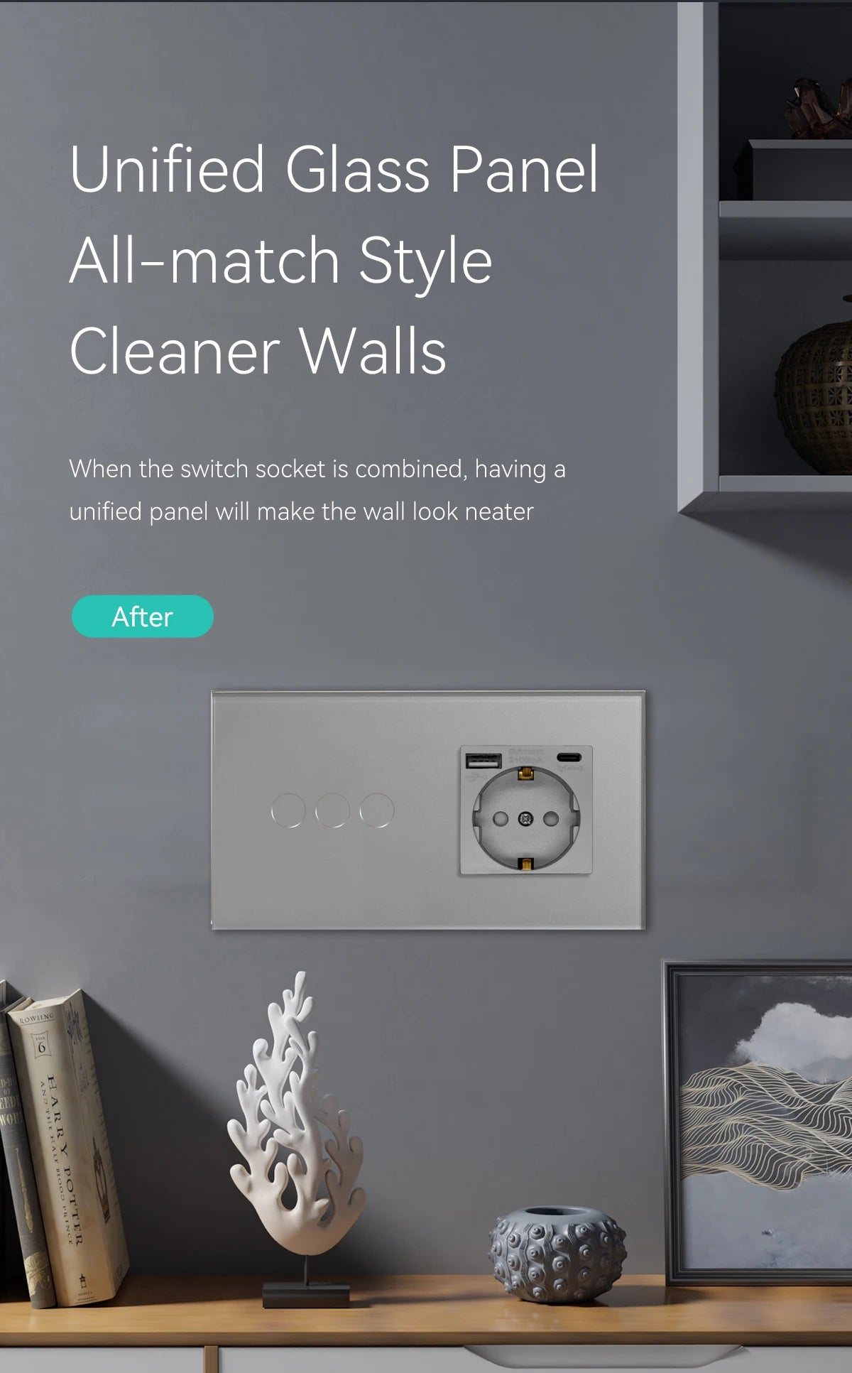 Bseed EU-Standard 1/2/3 Gang Licht-Touch-Schalter Home Wandschalter Graues Glas Sensorschalter Typ-C USB-Stromladebuchsen.