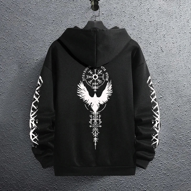 2025 Brand New Black Sweatshirts Autumn Winter Male Daily Casual Sporty Jogging Hoodie Men's Ancient Viking Raven Print Pullover.