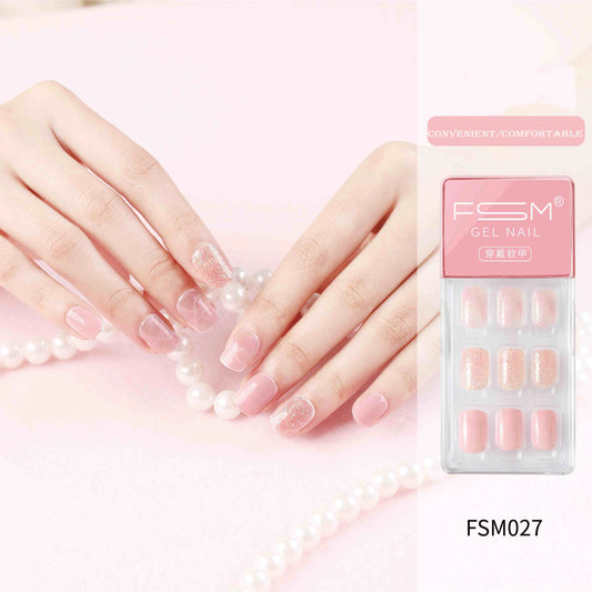 Press on Nails Short Square Fake Nails Designs Nude Glitter Full Cover Stick on Nails Bling Sequins  Nails for Women and Girls.