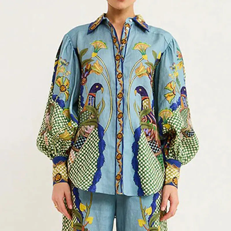 Autumn Women Bohemian Print Lapel Button LongSleeve Shirt+Loose Wide Legs Trousers Set Conjunto Dos Piezas Mujer Elegante Casual.