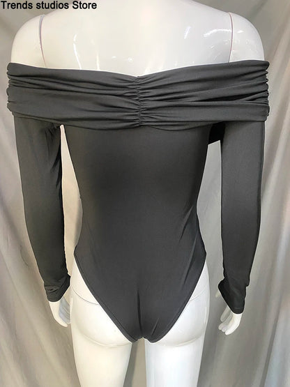 New Solid Sexy Off Shoulder Bodysuits Women Fashion Crossed Folds Skinny Rompers Long Sleeve Fashion Streetwear Autumn Bodysuits.