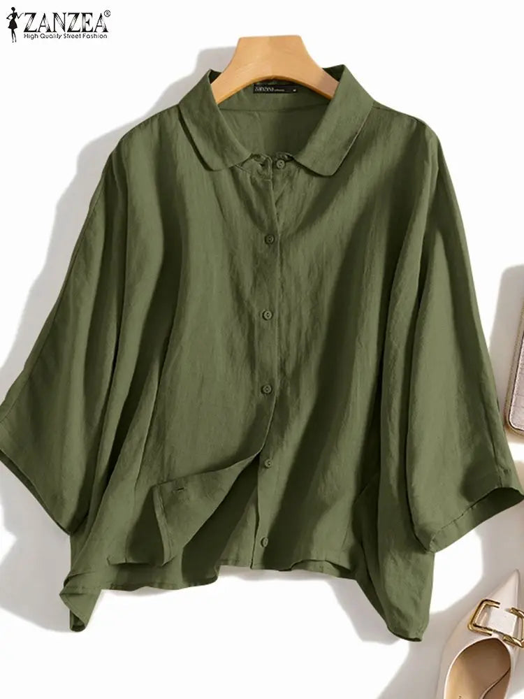 ZANZEA Summer Fashion Lapel Neck Shirt Women Elegant 3/4 Sleeve Blouse Work Buttons Down Tops Tunic Female Casual Loose Blusas.