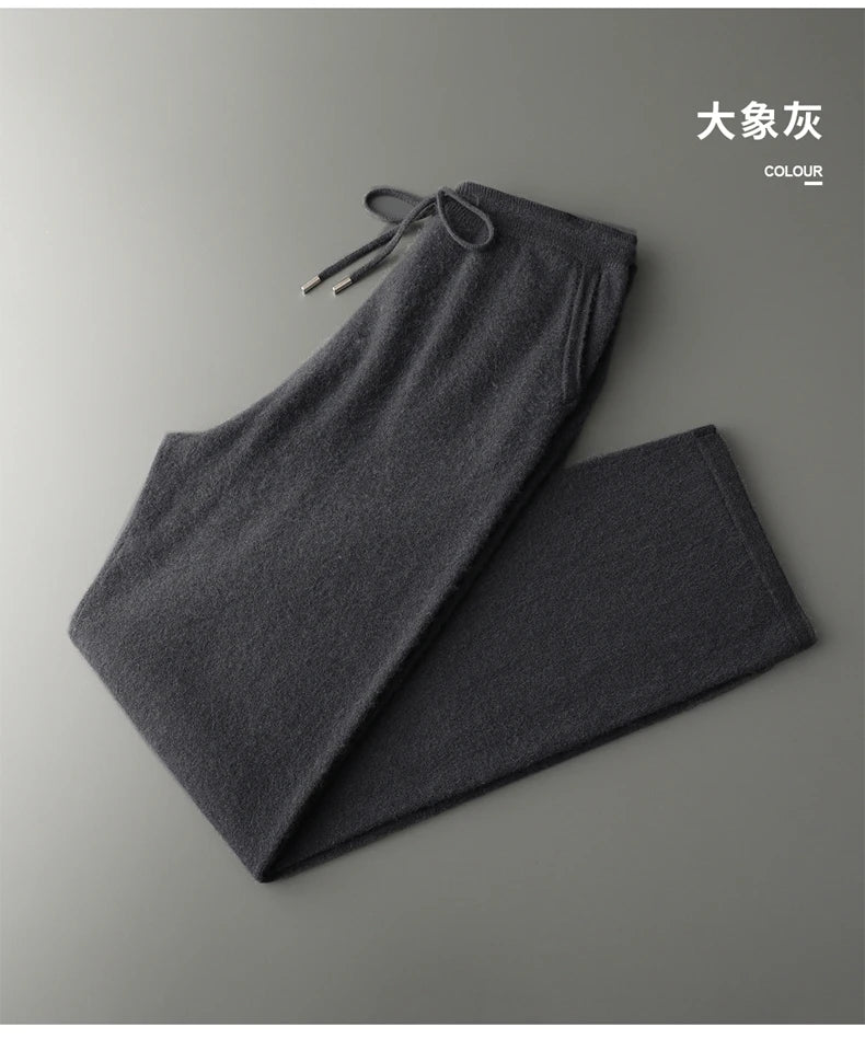 Classic Versatile 100% Cashmere Pants Men High Waist Knitted Straight Pants Solid Color Loose Thin Wide Leg Pants