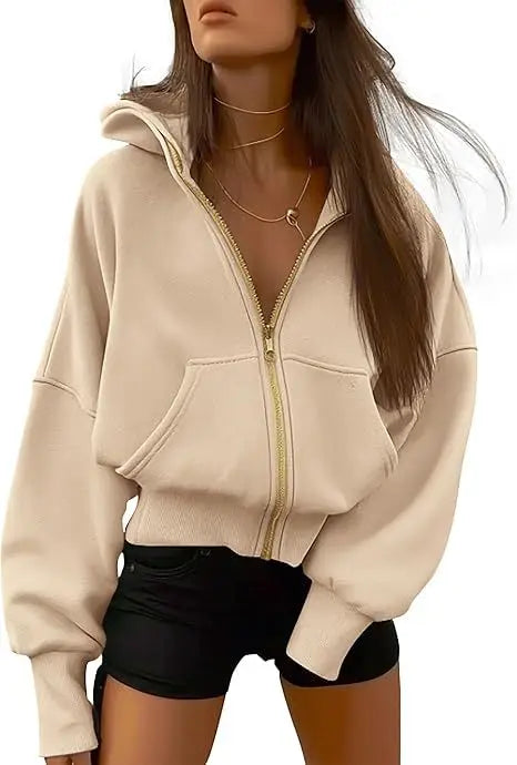 New Solid Color Zipper Splicing Hooded Coat, Women's Autumn Leisure Loose Sports Hooded Long Sleeve Coat Sweatshirt..