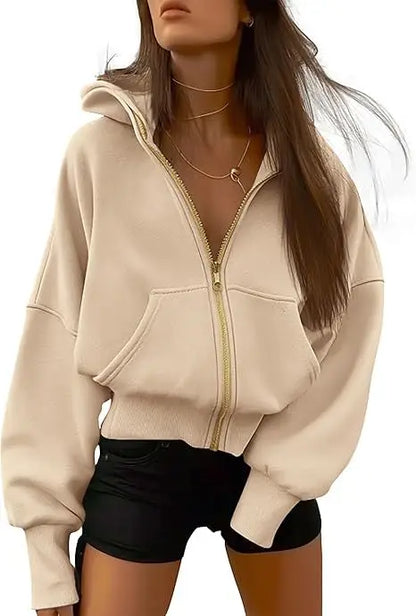 New Solid Color Zipper Splicing Hooded Coat, Women's Autumn Leisure Loose Sports Hooded Long Sleeve Coat Sweatshirt..