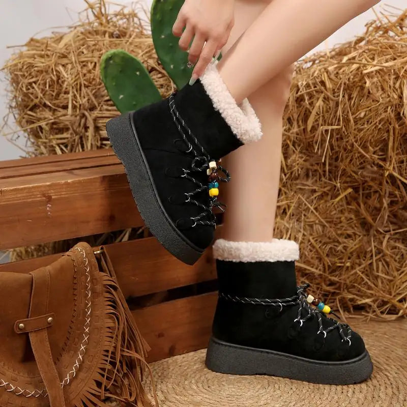 Chunky Platform Non Slip Furry Snow Boots Women 2025 Winter Soft Thick Bottom Warm Plush Ankle Boots Colorful Bead Lace Up Shoes