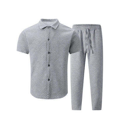 A fashionable and trendy two-piece short-sleeved shirtwithlong pants is perfect for men's daily casual wear in spring and autumn.