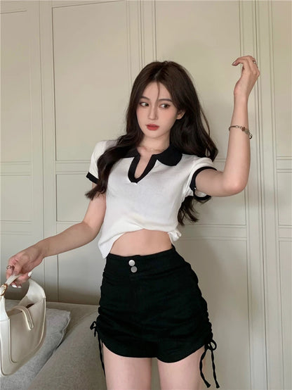 Jielur Spell Color Polo Knitting Women's Blouses Slim Sexy Short Sleeve Summer New Casual Female Blouse Chic Simple Office Lady.