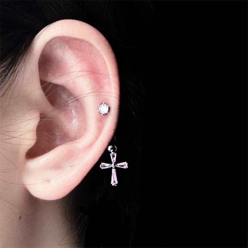 1PCS Pink Zircon Cross 316L Stainless Steel Annular Ear Bone Nail New Fashion U-shaped Earrings for Women Y2K Punk Jewelry.