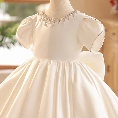 Sommer Solide Perlen Prinzessin Kleid Rundhals Elegante Kinder Brautjungfer Kleidung Luxus Kleider für Hochzeit Edle Kind Kleidung.