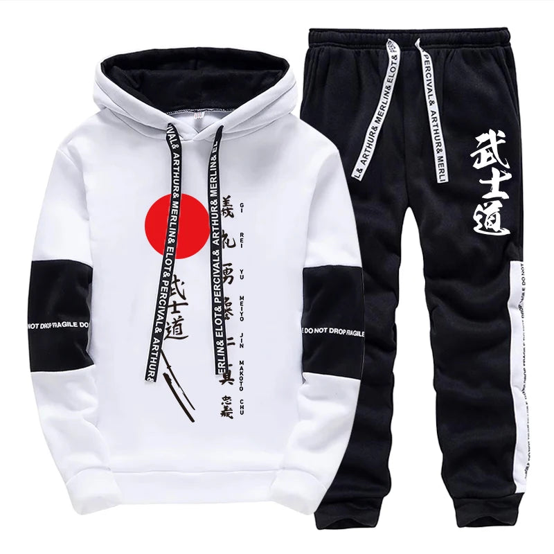 Japanese Bushido Print Hoodie Sweatpants 2025 Hot Sale Men's Fashion Tracksuit 2pcs Set Urban Casual Sporty Outfits Streetwear.