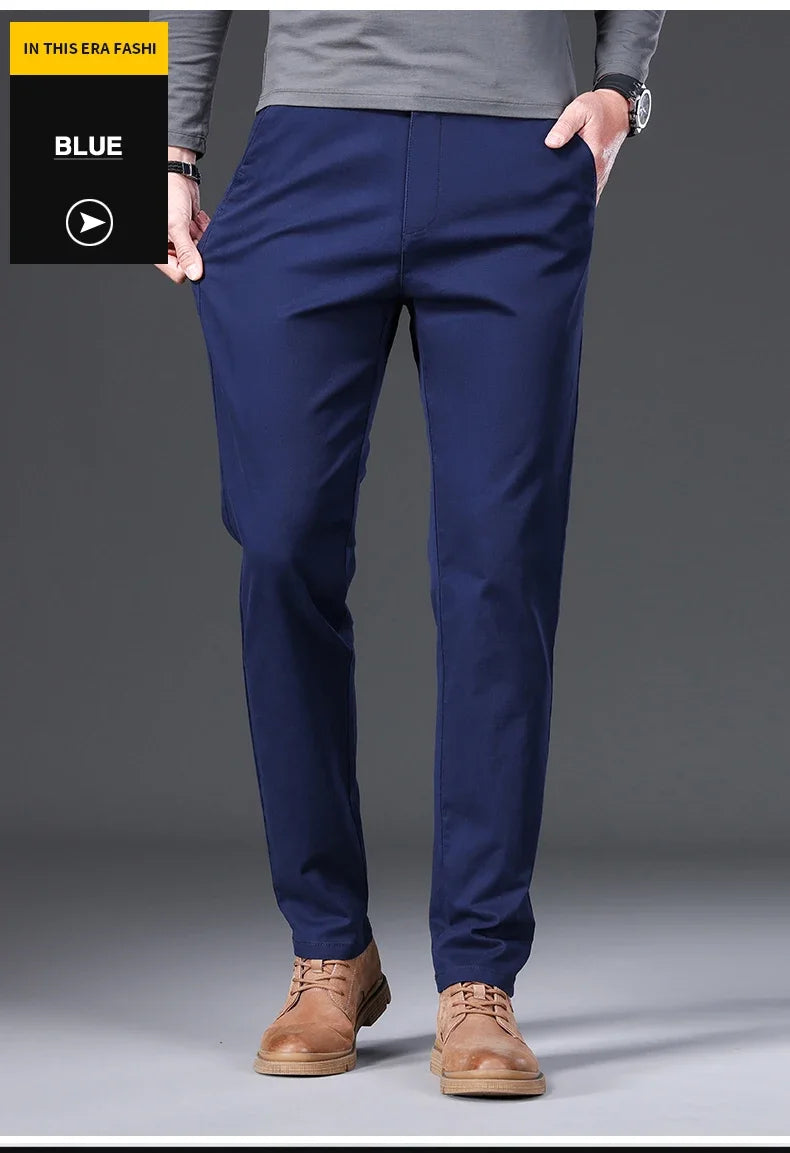 97% Cotton Men's Casual Pants Autumn Fashion Comfortable Elastic Slim Straight Business Trousers Black ArmyGreen Khaki.