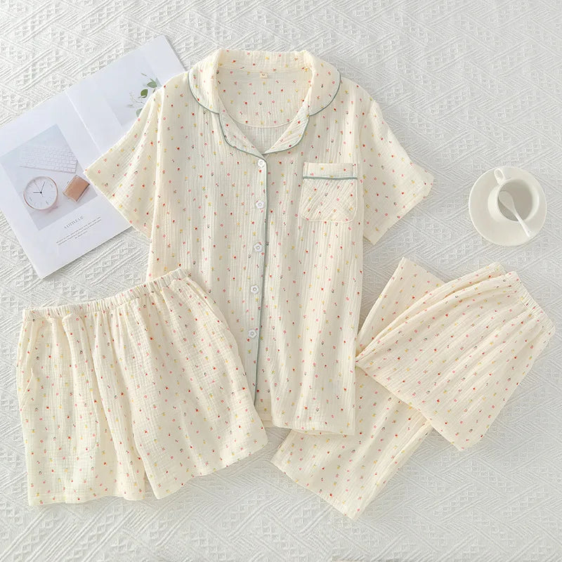 Pajamas pure cotton three-piece set spring and summer thin crepe autumn gauze lapel short-sleeved trousers shorts loungewear set