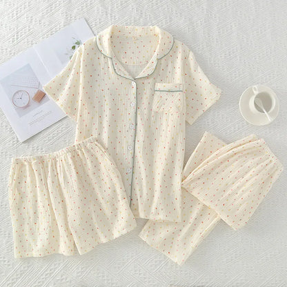 Pajamas pure cotton three-piece set spring and summer thin crepe autumn gauze lapel short-sleeved trousers shorts loungewear set