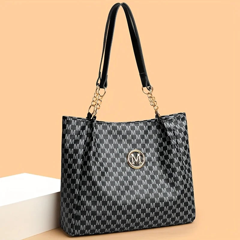 Vintage Geometric Tote Bag Synthetic Leather Letter "M" Design for Women Handbag Shoulder Bag Large Capacity Shopping Travel Bag.