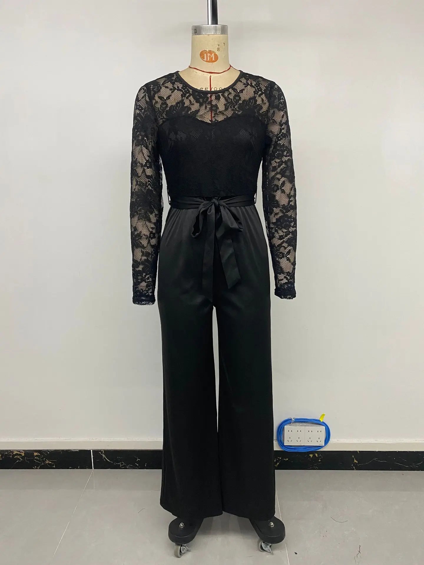 Woman Black Lace Sleeve Jumpsuit Round Neck Belted Waist Ideal for Evening Parties and Cocktail Events