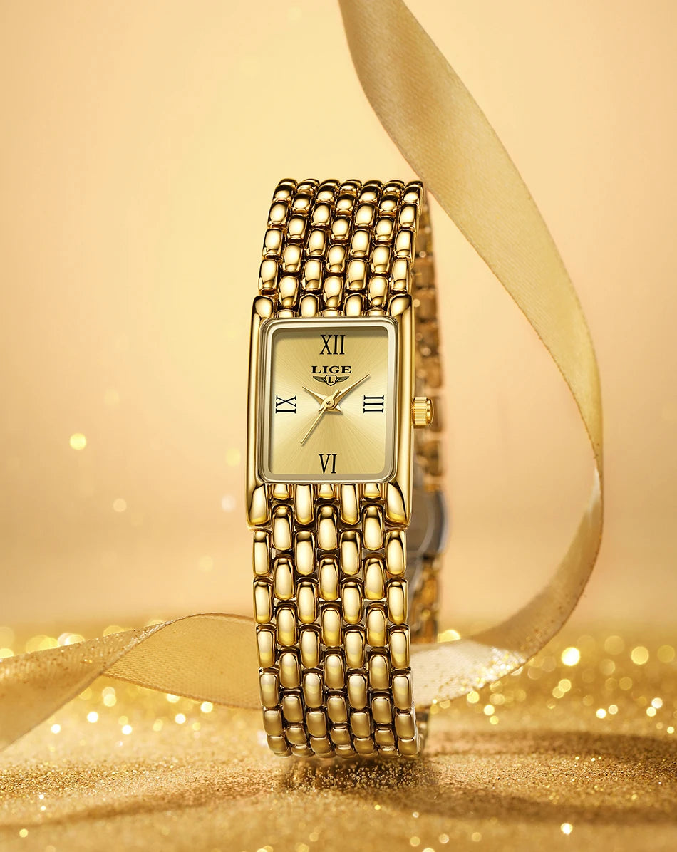 LIGE Silver Watch for Women Square Ladies Quartz Wristwatches Stainless Steel Women Small Gold Watch Luxury Casual Fashion Watch.