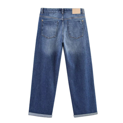 HH Women Denim Pant Sets Turn-Down Collar Long Sleeves Belt Autumn Coats+Pockets Loose High Waist Zipper Hemming Trousers