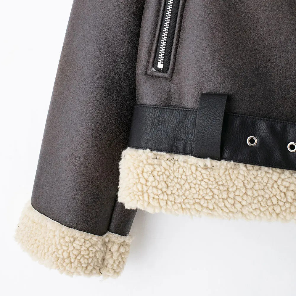 TRZA-Damen-Jacke aus dickem, warmem Wildleder mit Gürtel, langärmlige Mäntel, Kunstscheren, weibliche Oberbekleidung, schicke Oberteile, Wintermode.