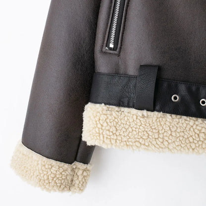 TRZA-Damen-Jacke aus dickem, warmem Wildleder mit Gürtel, langärmlige Mäntel, Kunstscheren, weibliche Oberbekleidung, schicke Oberteile, Wintermode.