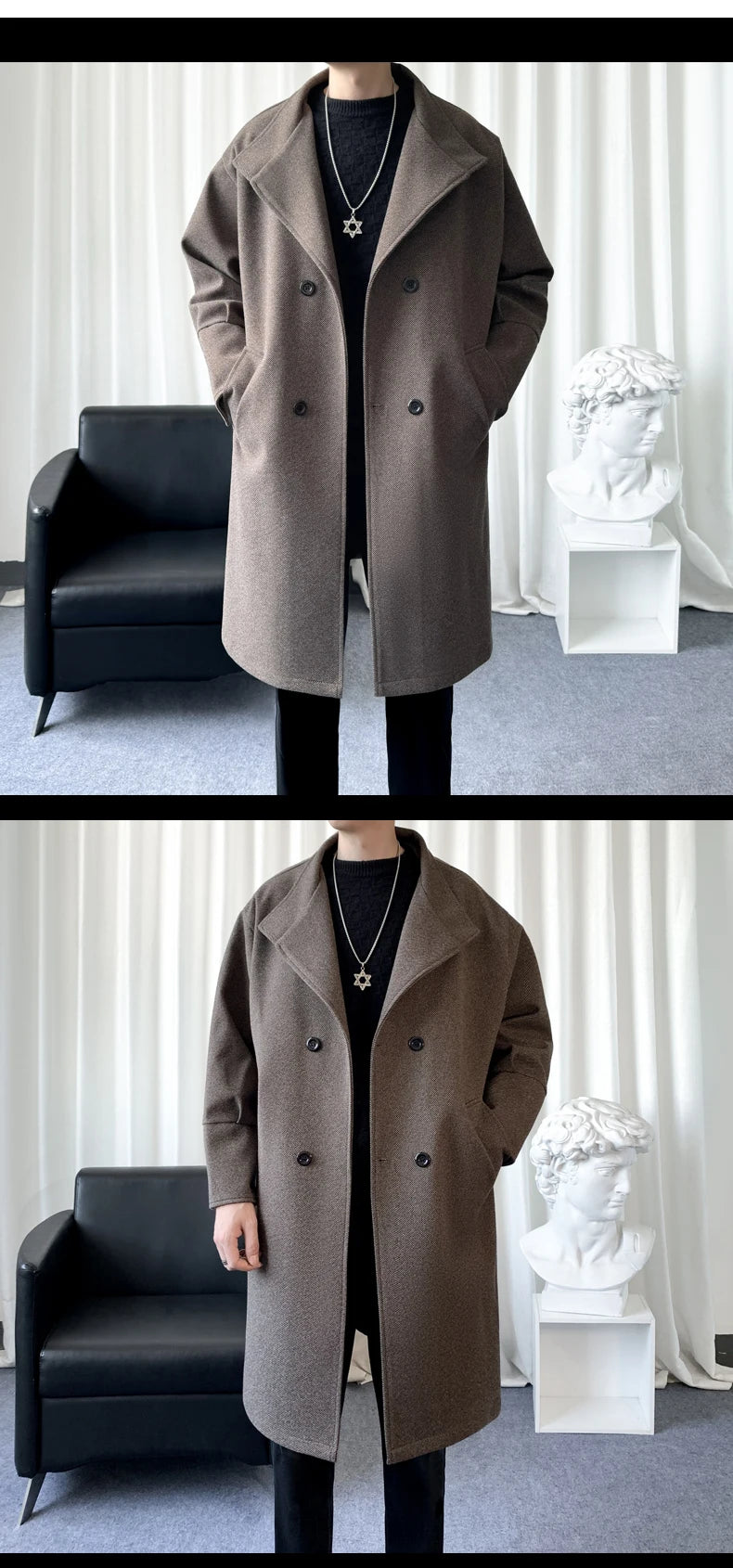 Korean Trend Men's Lapel coat Loose  Casual Double-breasted Overcoat Autumn Winter Fashion New Long Sleeve Woolen Coat.