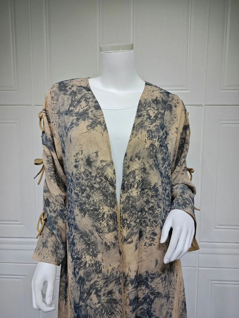 2025 sommer Arabisch Frauen Muslimische Kleidung Ramadan Dubai Offene Abaya Kleid mit Hijab Islam Gedruckt Chiffon 2 Stück Outfit