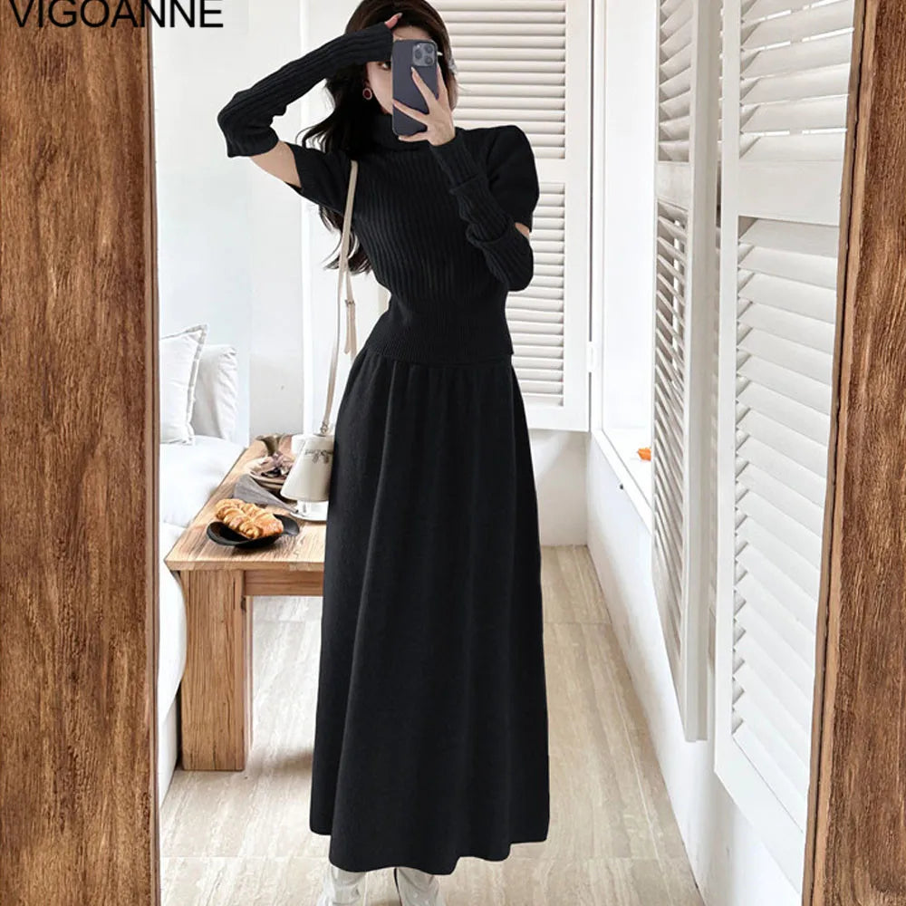 VigoAnne Spring Autumn 2025 Turtleneck Knit Woman 2 Piece Set Casual Solid High Waist Skirts Suits Korean Lady Long Dress Suit