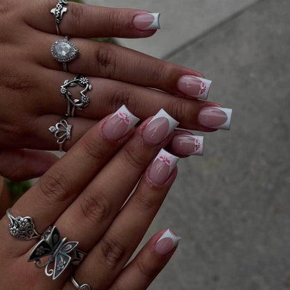 White French Press on Nails 3D Bowknot Fake Nails Tips Full Cover Wearable False Nails for Women and Girls DIY Manicure 24Pcs