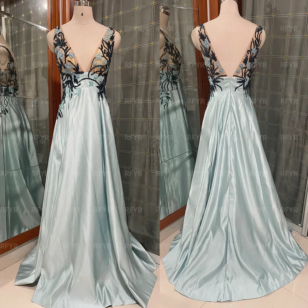RFYR Spaghettiträger Blaue formelle Kleider Tiefer V-Ausschnitt Partykleid für Hochzeit Applikationen Spitze Kleider für besondere Anlässe Maßgeschneidert.