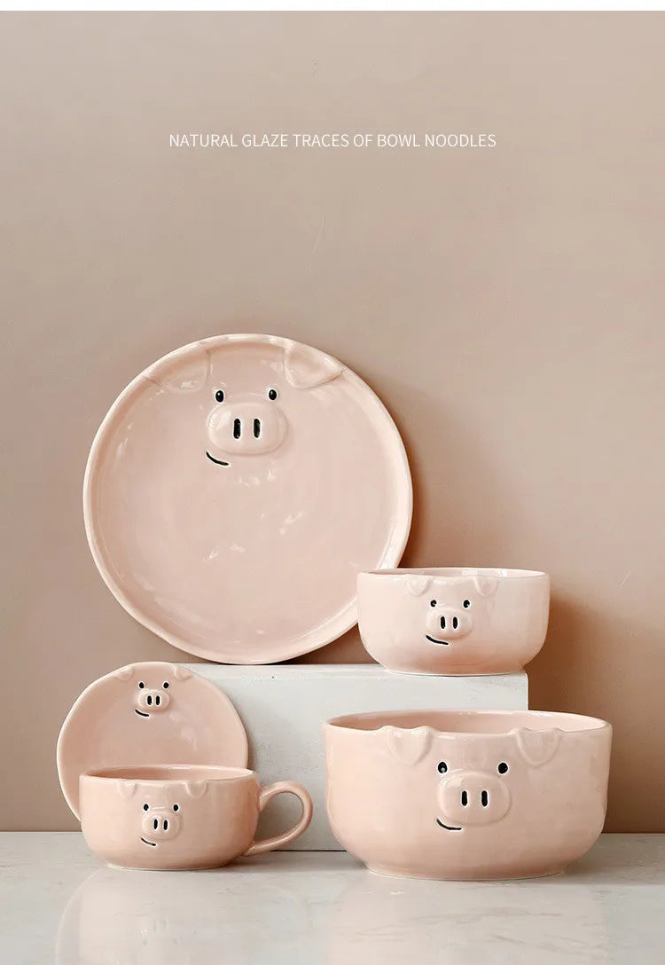 European Creative Cute Pink Pig Tableware Dishes Home Ceramic Plate Breakfast Nordic Wind Irregular Matte Plate Kitchen Utensils.
