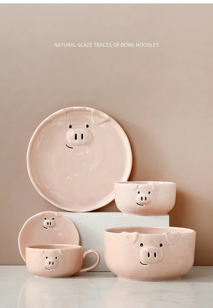 European Creative Cute Pink Pig Tableware Dishes Home Ceramic Plate Breakfast Nordic Wind Irregular Matte Plate Kitchen Utensils.