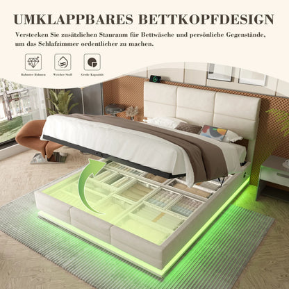 160 x 200 cm großes Bett, modernes, höhenverstellbares Kopfteilbett mit großem Stauraum und LED-Umgebungsbeleuchtung, USB/Typ-C-Verbindungen