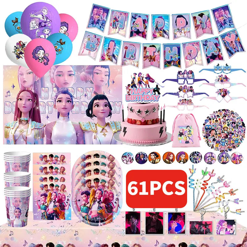 NEUE Dämon Jäger Kpop Geburtstag Dekorationen Set Geschirr Luftballons Banner Tischdecke Tasche Kpop Kuchen Dekor Für Mädchen Party Gefälligkeiten.
