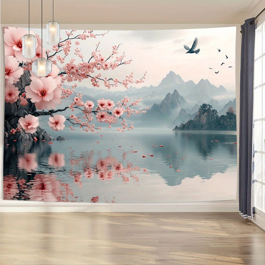 1pc Vintage 3D Cherry Blossom and Mountain Lake Tapestry- Polyester Fabric, Suitable for Living Room, Bedroom, Office Decoration.
