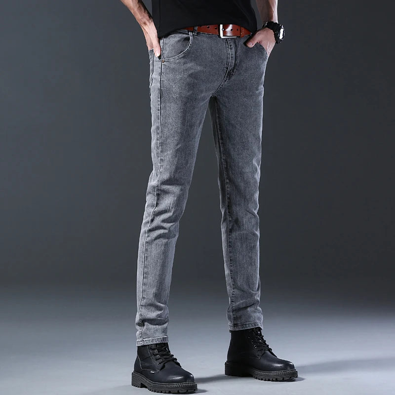 New style jeans, men's slim fit, Korean style comfortable straight leg elastic gray mid waist pants, men's casual denim pants.