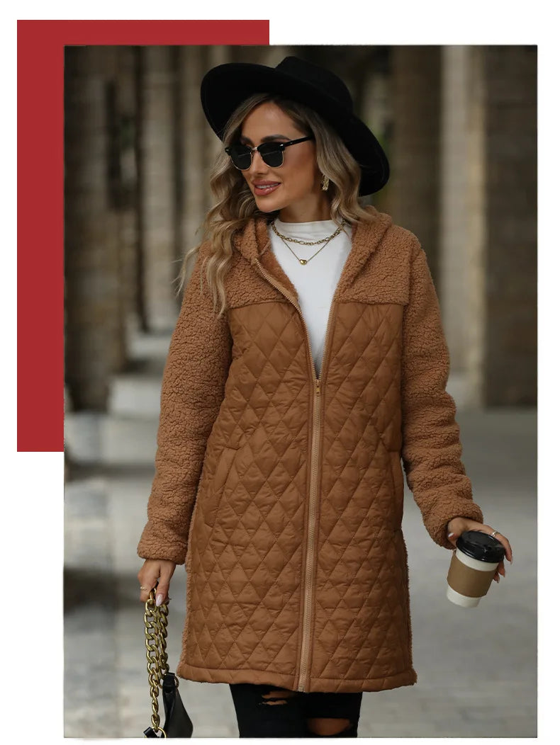 FairyShely 2025 Winter Solide Frauen Jacke Dicken Plüsch Mit Kapuze Warme Lange Hülse Langen Mantel Weiche Zipper Patchwork Strickjacke Dame Mantel.