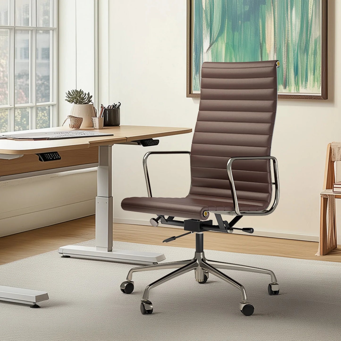 Gerippter Bürostuhl mit hoher mittlerer Rückenlehne, Drehstuhl aus echtem Leder mit Rahmen aus Aluminiumlegierung, verstellbarer ergonomischer Computerstuhl