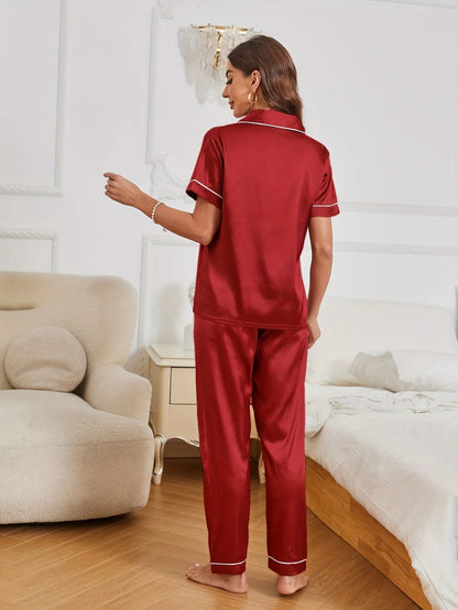 Pyjama-Set aus Satin mit Herz-Stickerei, lässig, kurzärmelig, Knopfleiste, Reverskragen, Oberteil und Hose, Damen-Nachtwäsche.