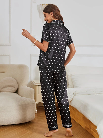 Heart Print Satin Pajama Set Casual Short Sleeve Buttons Lapel Top & Elastic Pants Women's Sleepwear.