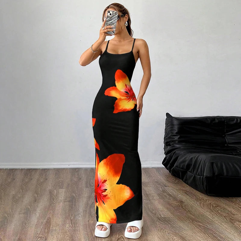 Frauen Sommer Spaghetti Strap Kleid Casual Blumen Druck Bodycon Party Kleid für Urlaub Cocktail Strand Streetwear.