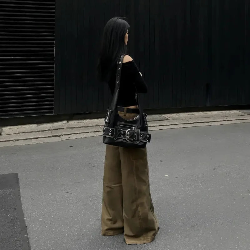 Belt buckle Women Luxury Designer Handbag And Purses PU Rivet Multiple Pockets Y2K Large Capacity Shoulder bags big totes.