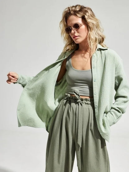 Muslin 100% Cotton Gauze Crepe For Women Shirts Blouse Turn Down Long Sleeve Single-Breasted Office Lady Loose Top Blusas Mujer